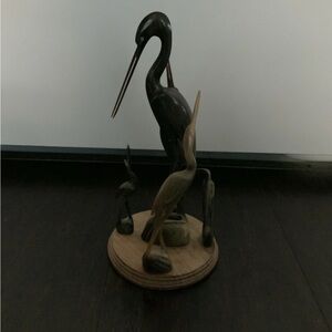 Vintage MCM Hand Carved Family Of Cranes Heron Bird Wood Sculpture 9”T
